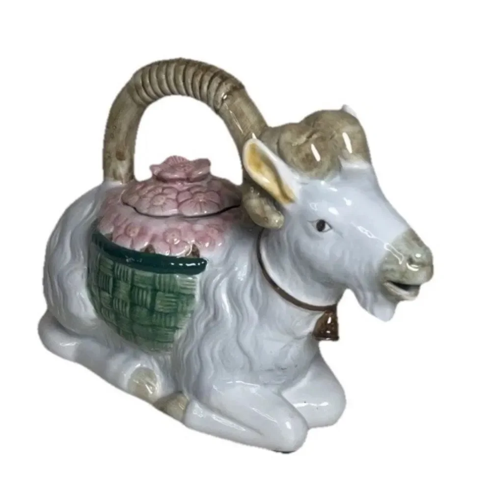 Napco Ram Floral Ceramic Vintage Teapot 7.5” Tall Cottagecore Collector Teapot